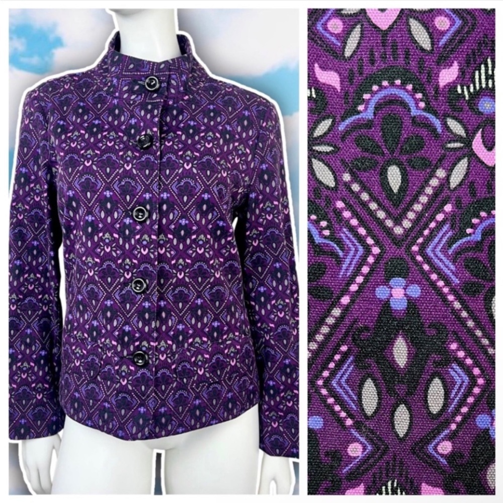 💙 CHARTER CLUB Floral Batik Twill Trucker Jacket Blazer Funky Artsy Boho Twee